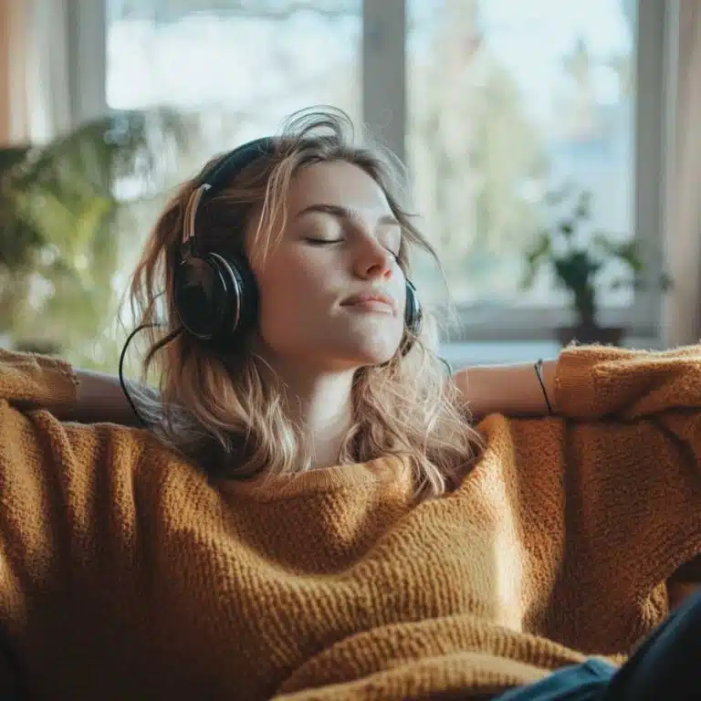 Person listening to a personalised hypnosis audio download at home