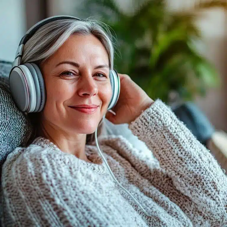 Person listening to a personalised hypnosis audio download at home