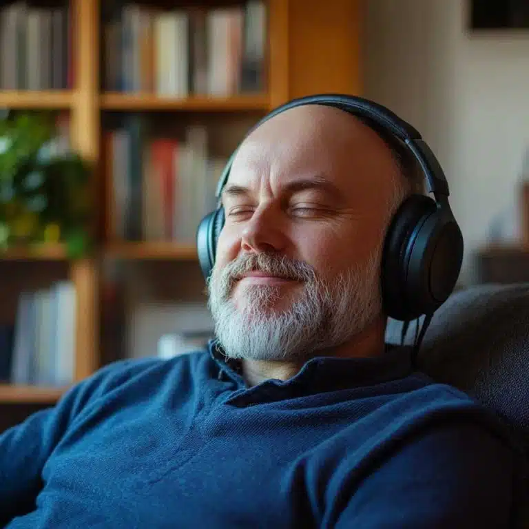 Person listening to a personalised hypnosis audio download at home